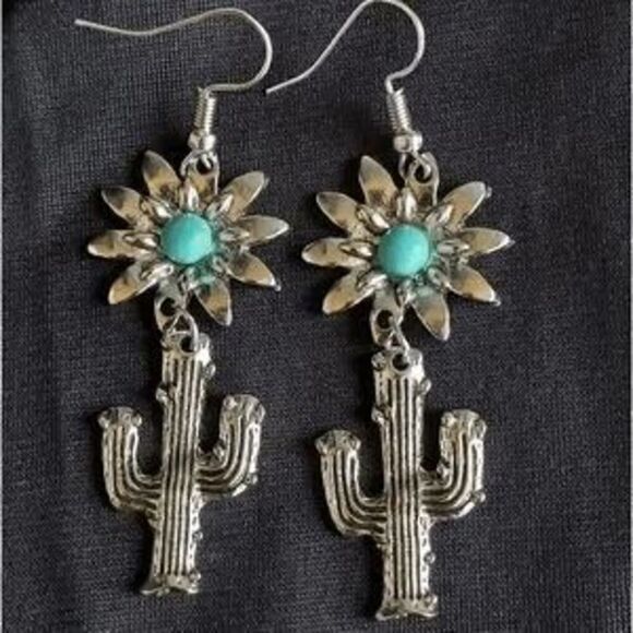 FLOWER CACTUS SILVER TURQUOISE DANGLE EARRINGS - Picture 4 of 9